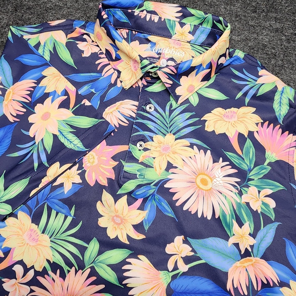 Chubbies Performance Polo Golf Shirt Hawaiian Floral Flower All Over Print Large